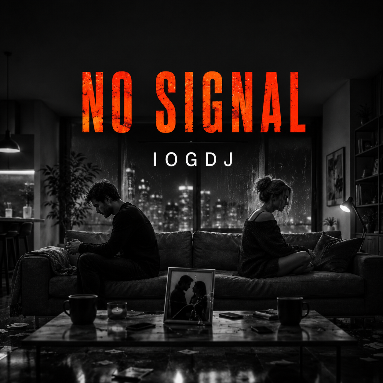 No Signal artwork showing two people sitting apart on the same couch